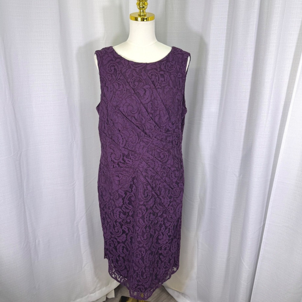 Adrianna Papell Lace Sheath Dress US 16 Purple Sleeveless Pleated Floral